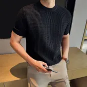  夏季新款輕熟風型男舒適素色短袖T恤 百搭中高領休閒針織打底衫潮