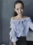 CAT 515🍀韓版一字領甜美蝴蝶結百搭條紋特殊抓皺布料縮腰荷葉袖上衣