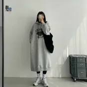 FUXI 長款連帽T女 大學T 衛衣裙 長袖t恤裙 加絨加厚內刷毛連身裙 寬鬆顯瘦遮肉洋裝 保暖長裙 女裝