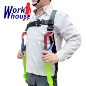 【Work house】ADELA 台灣製 雙伸縮 雙大鉤超輕鋁合金快扣式背負式安全帶+鋁合金扣環 全身式降落傘安全帶