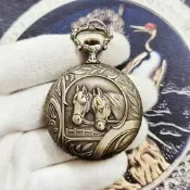 瑞士AERO愛羅合金鍍鎳雕刻雙馬圖案獵殼二手古董懷錶歪殼（單歪殼）歪殼直徑：48MM，合金