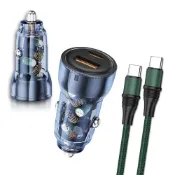 (店+)【WELLY】超值車充組 PD60W急速充電 PD+QC淨透雙孔車充頭+100W Type-C to Type-C 傳輸充電線(1.2M)