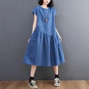 [韓國K.W.]韓國空運薄丹寧美胸刺繡寬鬆牛仔拼接背心洋裝(小香風/輕量涼感/背心裙/休閒/日系/通勤/渡假)