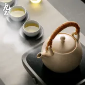 九土日式手工藤編粗陶煮水壺煮茶壺竹編提樑陶泥壺酒精炭爐電陶爐功夫茶具家用燒水壺提樑壺陶瓷茶壺功夫茶壺花茶壺CHR0615