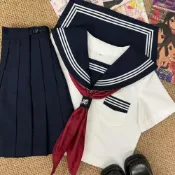 海軍風套裝 海軍風套裝 紺領白三本 水手服 JK 制服套裝 長 短袖 可選藏青百褶裙+紅領巾+環扣