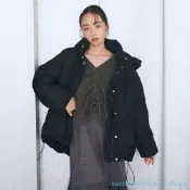 〚earth music〛環保再生材質2WAY可拆式連帽抽繩下擺鋪棉大衣外套