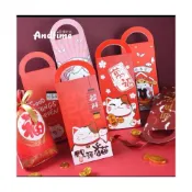 (店+)禎巧妙 台灣現貨 萬福貓 福氣滿門 燙金包裝手提盒 新年長條手提盒 聖誕節 小提盒 新年裝糖果的袋子雪花酥包裝袋手提袋創意可愛牛軋糖包裝盒