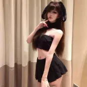 蜜桃兜兜 ♡ 俏麗女郎 毛絨絨耳朵 兔耳朵 兔女郎 兩截式套裝 百褶裙 短版上衣 中空洋裝 短裙套裝 萬聖節服裝大人