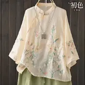初色 中國風輕薄棉麻繡花斜襟復古盤扣立領五分袖唐裝襯衫上衣女上衣裝-共3色-12608(M-3XL可選)