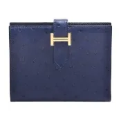 【Hermes 愛馬仕】經典BEARN系列鴕鳥皮金色H穿式短夾(深藍色)
