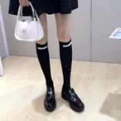 高顏值過膝中筒襪 長筒襪 小腿襪 壓力瘦腿襪 珍珠襪子高筒襪長女新款洋氣潮流中筒襪秋冬小腿襪立體花朵山茶花 S 0920