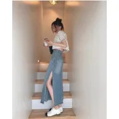 【Feodora🇰🇷】韓國chic 復古設計 高腰 顯瘦 側開叉 毛邊 水洗藍 牛仔長裙