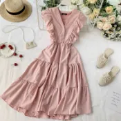 Gaun peri Prancis pinggang tinggi V-neck tanpa lengan
