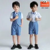 明熙精品屋 【花童主持走秀】男童禮服套裝 兒童禮服 演出服 主持服 格子馬甲三件套 2024夏季新款 透氣舒適 英倫風 正式場合必備
