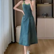 胖胖美依 連身裙 洋裝 A字裙 S-XL牛仔連身裙吊帶裙中長裙V領無袖收腰顯瘦高腰顯瘦洋裝T329-8315.