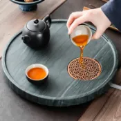 名藝良品 免運 茶盤 木紋石整塊天然茶盤中式圓形形排水茶臺簡約石頭家用茶海托盤小號