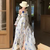 波西米亞旅行度假性感碎花雪紡吊帶長裙女裝寬鬆立體花裝飾V領長袖露背印花中長款A字洋裝