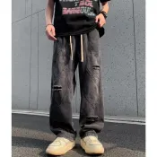 VIBE風 美式剪裁 直筒破褲 小破洞 鬆緊抽繩 破褲 牛仔褲 直筒褲 褲子 VIBE 牛仔長褲 長褲