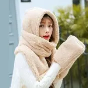 日本 BEAUTYJAPAN  羊羔絨毛保暖連帽口袋圍巾三合一BJ2107 米色