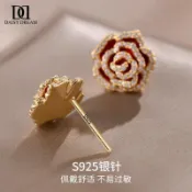 【限時特價】【DAISY DREAM】紅色山茶花耳釘小巧925銀針微鑲滿鑽小衆設計春節禮盒