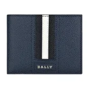BALLY TVEYE金屬銀字LOGO條紋設計防刮牛皮6卡對折短夾(深藍x黑白黑條紋)