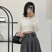 (店+)【FEE BABY】柔軟水貂毛極短版上衣 針織圓領毛衣 仿水貂毛上衣 長袖圓領上衣 秋冬短版毛衣 韓系毛衣 秋冬 白色 黑色 杏色 卡色 灰色 灰藍色 淺藍色 粉色