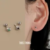 (店+)【THIS THING ACCESSORIES】::這件飾｜純銀轉珠｜睡覺洗澡不用拆｜925銀『鑲鑽光芒鎖珠耳環（綠/黑）』 純銀 銀飾 飾品