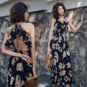 快速出貨 現貨在台 👗實拍 2026夏季海邊沙灘渡假風 V領雪紡露背掛脖連身裙 長洋裝 波西米亞  性感黑 碎花洋裝