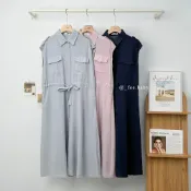 (店+)【FEE BABY】襯衫無袖抽繩洋 長洋裝 孕婦洋裝 連衣裙 口袋洋裝 棉麻洋裝 短袖襯衫 長版襯衫 抽繩 粉色 寶藍色 紫色