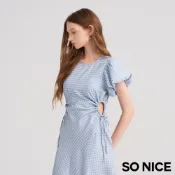 SO NICE【特惠】格紋圓領公主袖鏤空顯瘦抽繩洋裝｜都會時尚女裝【58434005】