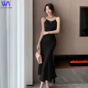 W&S 【台灣】 夏季新款 性感洋裝 白色掛脖吊帶連衣裙女 緞面魚尾高階感長裙子