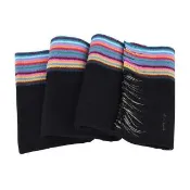 【Paul Smith】PAUL SMITH刺繡LOGO美麗諾羊毛側條紋設計針織圍巾(黑x多彩)