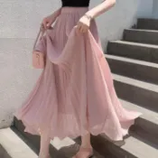店長激推🔥 雪紡百褶半身裙女夏季2026新款褶皺垂感大裙擺波浪邊白色a字長裙V42X