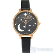 OLIVIA BURTON OB16GSET40手錶 滿天星斗黑皮帶 許願流星穿式純銀 耳環 女錶 石英錶【澄緻精品】