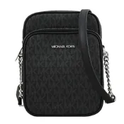 MICHAEL KORS Jet Set Travel 經典印花皮革前口袋拉鍊斜背包(黑灰)