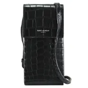 YSL Saint Laurent 簡約燙銀LOGO鱷魚壓紋牛皮斜背手機包/隨身小包(黑)