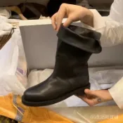 臺灣出貨 免運 靴子女  牛皮版新款平底馬丁靴女複古真皮百搭圓頭小衆外翻中筒靴子短靴