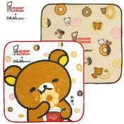 【小禮堂】San-X  拉拉熊 x mister donut 棉質方巾 25x25cm 甜甜圈款(平輸品)