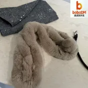 波波折扣社 【真毛保暖】獺兔毛圍巾 毛茸茸圍巾 皮草圍脖 毛領子 韓版圍巾 奶茶色 冬季保暖 百搭時尚 圓球裝飾 送禮佳品