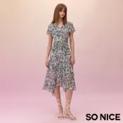 SO NICE【特惠】 假圍裹式收腰荷葉雪紡印花洋裝｜都會時尚女裝 【75534013】