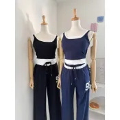 現貨 韓妞同款💗運動系 撞色假兩件小可愛+印花寬褲 set 固定式罩杯 彈力棉料 休閒兩件套 韓系套裝 約會 渡假