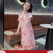【熱銷推薦】 女童織錦緞梅花旗袍洋裝 兒童漢服連身裙 復古唐裝過年拜年服 喜宴花童表演服 (粉紅色 2-18號)｜水水女人國