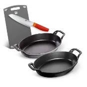 【STAUB】琺瑯鑄鐵雙耳橢圓烤盤24cm＋抗菌砧板M號＋Now S日式主廚三德刀18cm(德國雙人牌集團官方直營)