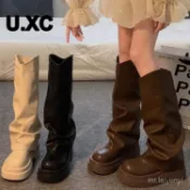💖限時購💖美拉德 中筒靴 歐美 復古 真皮 棕色 西部牛仔皮帶扣堆堆靴 中筒長靴 女 中筒騎士靴子 粗跟圓頭靴子 ODR