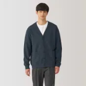 MUJI 無印良品【全新、藍XL】男👨二重織米蘭諾螺紋V領開襟衫