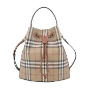 【BURBERRY 巴寶莉】Lola TBLOGO格紋帆布束口水桶包(石楠木棕色)