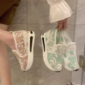 💕全店免運 女鞋 休閒鞋 女生單鞋 外出鞋 大碼夏網紗蕾絲內增高漁夫鞋女透氣百搭小個子防滑懶人一腳蹬單鞋