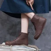 【臺灣現貨】原創手工真皮媽媽短靴平軟底復古刷毛女靴子森女圓頭牛皮女鞋單靴