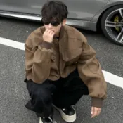 美拉德棕色短版工裝夾克男 秋冬水洗潮牌棒球服男 美式復古哈靈頓外套男m-2xl