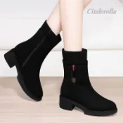Cinderella 【真皮牛皮】馬丁靴短靴棉鞋粗跟大棉中跟加絨雪地靴女靴子 馬丁靴女 大尺碼女鞋 女靴 裸靴 中筒靴